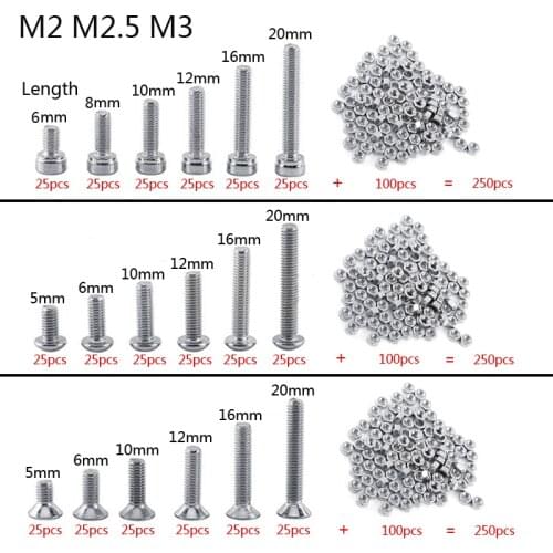 250pc/set A2 Stainless Steel M3M2.5M2 Cap/Button/Flat Head Screws Sets Hex Socket Bolt With Hex Nuts Assortment Kit