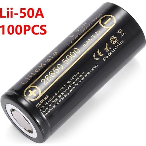 Wholesale 100pcs LiitoKala lii-50A 26650 5000mah lithium battery 3.7V 5000mAh 26650-50A for flashligh