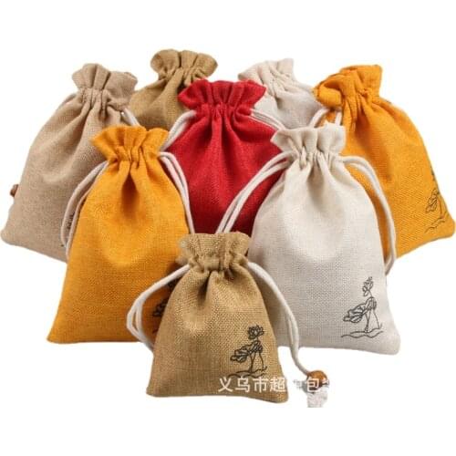Pure Cotton Gift Bags Packing Jewelry Drawstring bag Wedding Candy Wrappling Reusable Sachet Print Lotus Gift Display Pack Bags