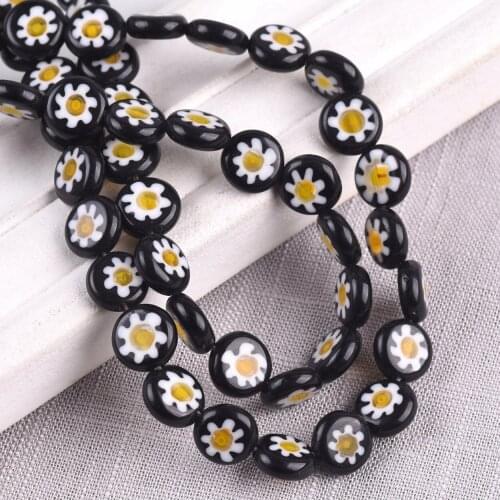 8/10mm Flat Round Black White Edge Yellow Flower Patterns Millefiori Glass Loose Crafts Beads Lot For DIY Jewelry Making Finding