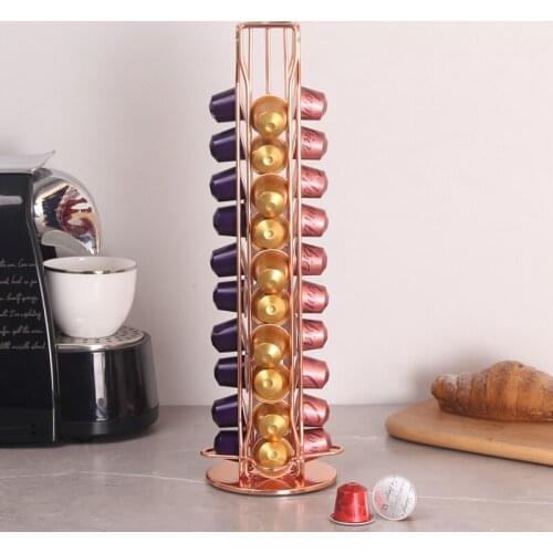 Nespresso Pod Holder Rotatable Display Storage 40 PCS Capsule Metal Stand Rack Golden Plating Stainless Curve Rotate Coffee Rack