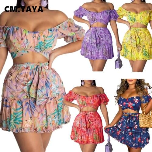 CM.YAYA Leaf Print Boho Sweatsuit Womens Set Crop Tops and Pleated Mini Skirts Matching Two 2 Piece Set Active Tracksuit Outfit