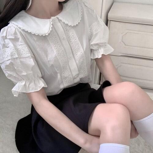 Summer Women Shirt Japanese Lolita Peter Pan Collar White Apricot Cute Kawaii Blouse Hollow Out Cotton Sweet Blusas MH579