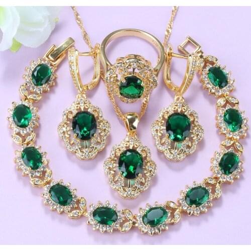 Bridal Sets Gold-Color Green Cubic Zirconia Wedding Jewelry Earrings And Dangle Wrist Bracelet For Women Gift