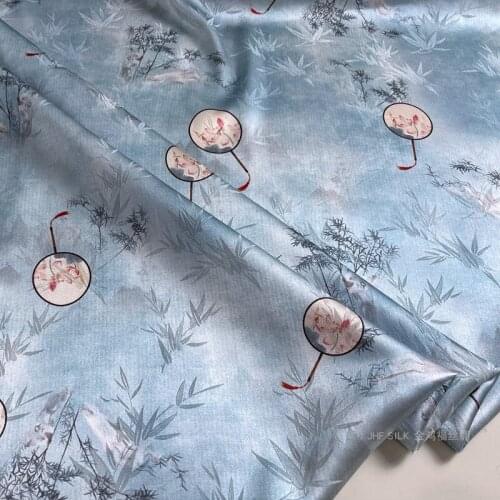 1 Meter Heavy Satin Jacquard Silk Fabric Cheongsam Dress Fabric Printing Stretch Jacquard Satin Antique Bamboo Group Fan