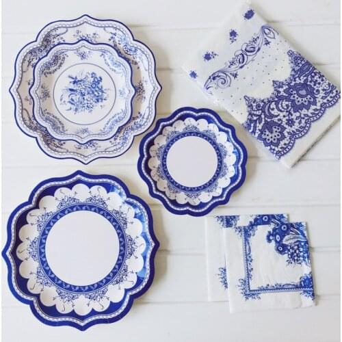 Chinese style anniversaire birthday party decoration adult blue white porcelain paper plate Disposable tableware party supplies