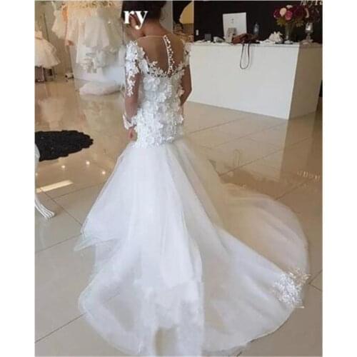 Unique White Lace Princess Dress Applique Long Sleeves Custom Made Flower Girl Dress for Wedding Kid Size 1-14Y