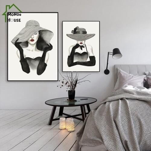 Vintage Figure Canvas Painting Black and White Vogue Lady In The Wide Brim Hat Poster Wall Art Picture for Living Home Decor