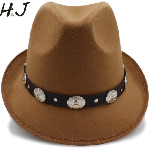 Women Wool Feminino Fedora Hat for Lady Gangster Trilby Wool Church Fascinator Hats Homburg Jazz Hat Size 57cm Punk Belt
