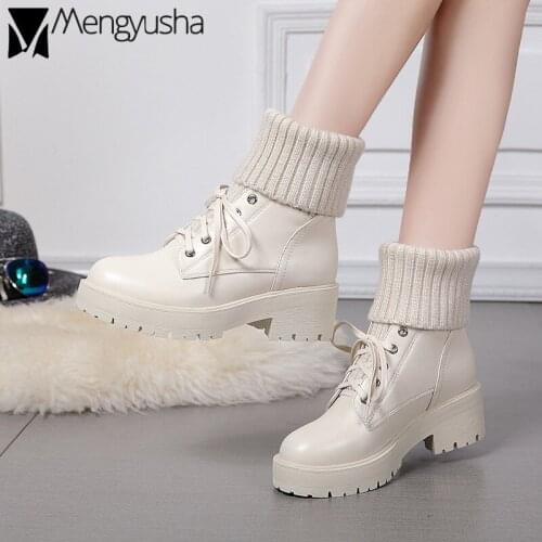 Thick Heels mid-high booties ladies plush fur platform botines winter shoes lace-up waterproof wool sock snow boots women 2020
