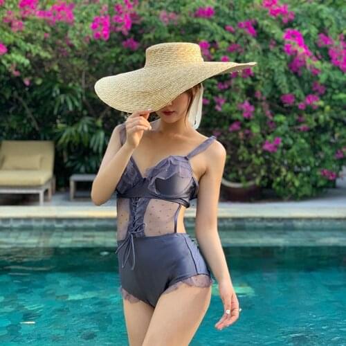 2019 Korean Women One Piece Swimsuit V-Neck Mesh Transparent Ruffle Patchwork Back Closure Swimwear Backless Beach Bathing Suits