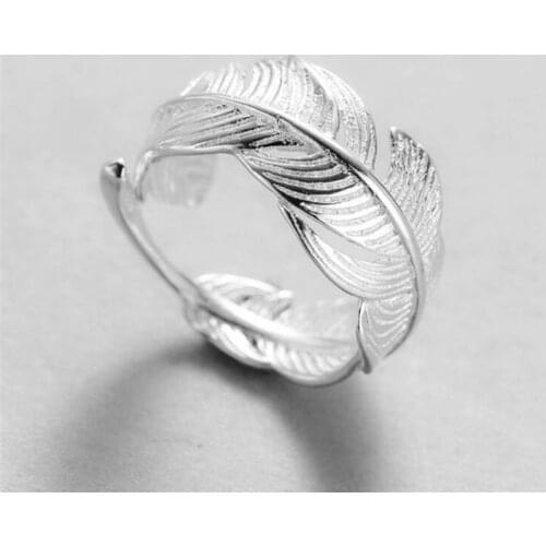 Season Gate 925 Sterling Silver Fashion Personality Charming Feather Leaves Adjustable Size Open Ring for Women Girls SR013