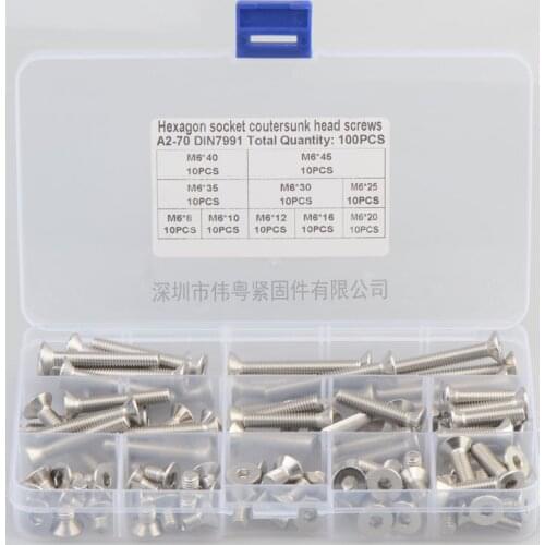 100pcs M6 mm flat head countersunk head grade 10.9 304 stainless steel Hex Socket Head Cap Screw DIN7991 Screws