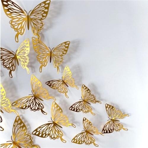 12Pcs 3D Wall Stickers Hollow Rose Gold/Golden/Silver Butterfly Wall Stickers DIY Art Home Decor Wall Sticker Wedding Decoration