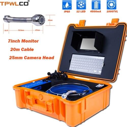 20m Cable 1000TVL 25mm Pipeline Camera 7" LCD Drain Pipe Sewer Inspection Camera System With Meter Counter Keyboard And DVR