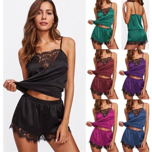 2019 Ladies Women Satin Lace Sleepwear Babydoll Nightdress Pajamas Suit Sets Women Sleep Wear Sexy Pajamas Women Homewear