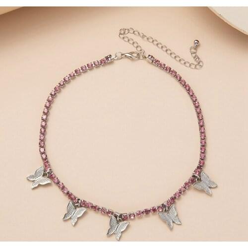 New Luxury Pink Pinky Clear Cz Tennis Chain Butterfly Drop Charm Choker Necklace Girl Women Ladies Fashion Rock Hip Hop Jewelry