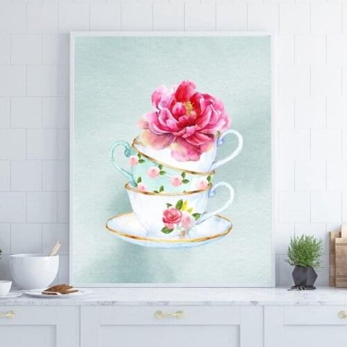 Teacup Floral Print Teacups Tea Kitchen Wall Art Picture Canvas Painting Vintage Tea Cups Posters Tea Party wall Decoration