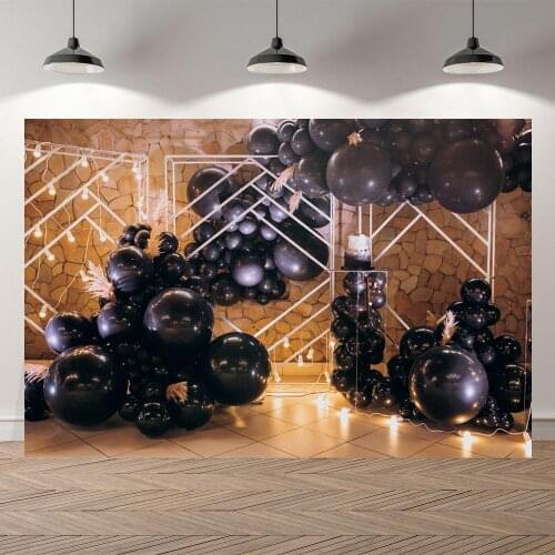 Black Balloons Retro Old Stone Wall Photography Backgrounds Newborn Baby 1st Birthday Kids Family Party Wall Poster Backdrop