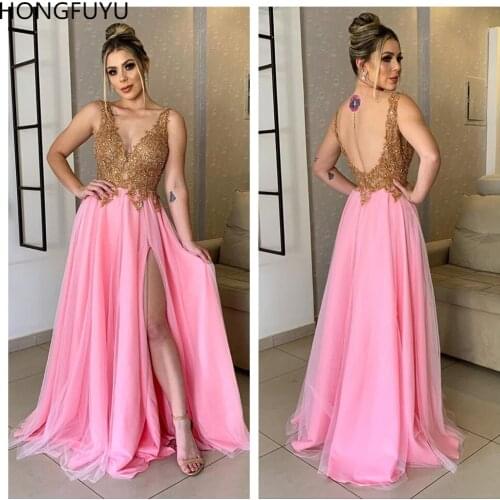 HONGFUYU Pink Sheer V-neck vestidos de gala fiesta Sleeveless Prom Dress with Gold Appliques Formal Evening Dresses Long Slit
