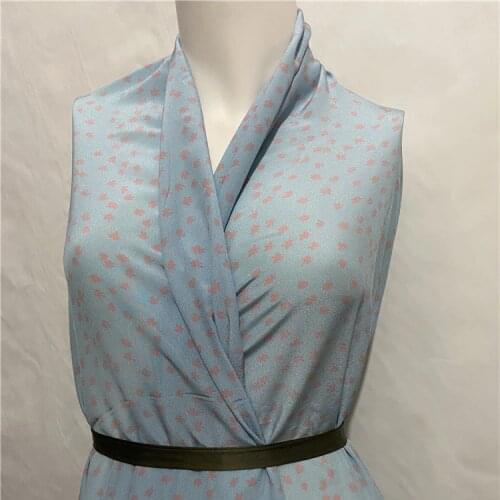 Mini pink printing on light blue pure silk crepe de chine silk fabric 140cm width,SCDC1316
