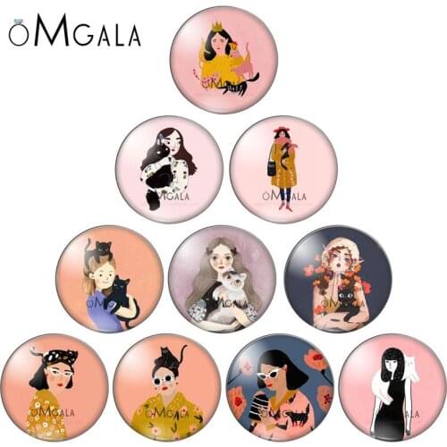 Fashion Woman Girl with Cat Illustration 10mm/12mm/14mm/18mm/20mm/25mm Round photo demo glass cabochon flat back Making findings