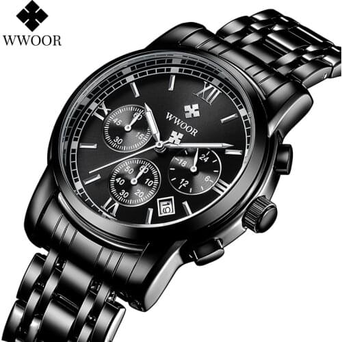 WWOOR Classic Black Chronograph Men Watch Multifunction Stainless Steel Sport Wrist Watch Waterproof Calendar Quartz Clock Male