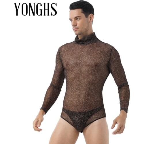 Mens Leopard Printed Turtle Neck Sexy Leotard Bodysuit Long Sleeve Transparent Mesh Bodycon Catsuit Wet Look Clubwear Streetwear