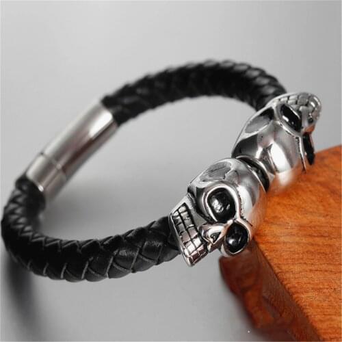Punk mens jewelry black woven leather bracelet stainless steel skull magnetic buckle fashion bracelet bracelet mens jewelry