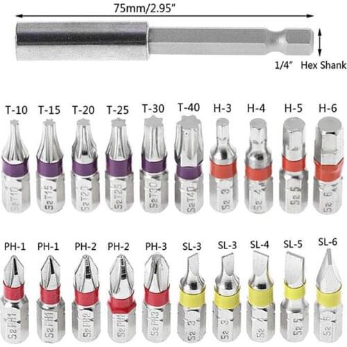 21pcs Screwdriver Bits with Extension Rod Phillips Slotted Hex Electric Screwdriver Bits Combination Set Hand Tools