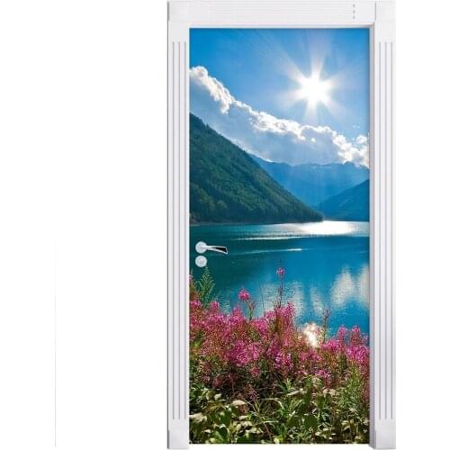 3D Door Mural Sunshine Mountain Lake Landscape Wall Mural Art Wallpaper Poster Stickers Self Adhesive Removable Home Door Decals