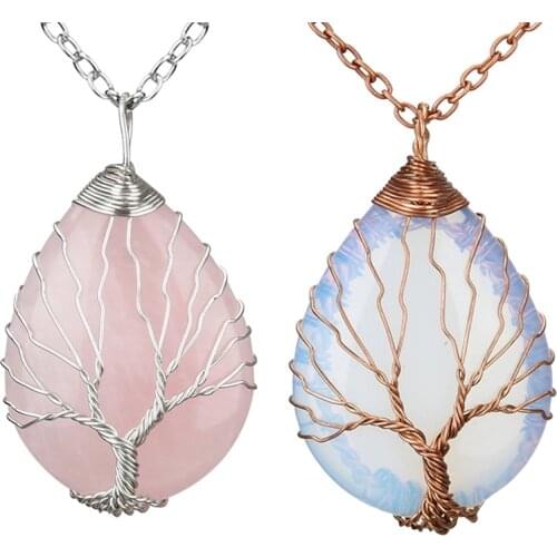 Natural Stone Pink Quartz Opal Necklace & Pendant Silver-color Tree of Life Wire Wrapped Water Drop Shape for Women Men Jewelry