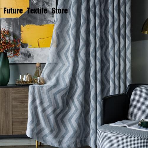 New Modern Simple Blue Gray Geometric Stripes Living Room Curtain Semi-shading Bedroom Curtain Finished Product Customization
