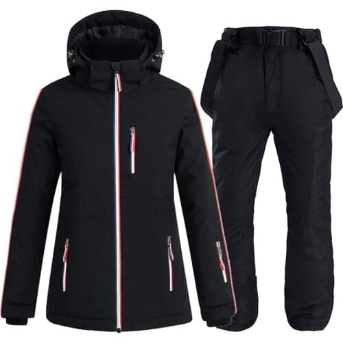 -30 Pure Color Ski Suit For Women Windproof Waterproof Snowboard Jacket Sets Winter Snow Costumes Ski Jacket + Strap Snow Pants