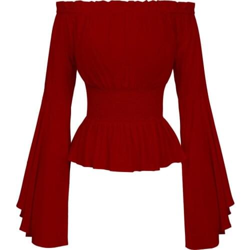 Popular Vintage Blouse Peasant Women Long Sleeves Shirt Boho Steampunk Pirate Medieval Cosplay One Shoulder Corset Top