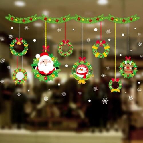Cartoon Father Christmas Snowman Evergreen Garland Wall Stickers For Store Home Decor Xmas Festival Wall Art Decals