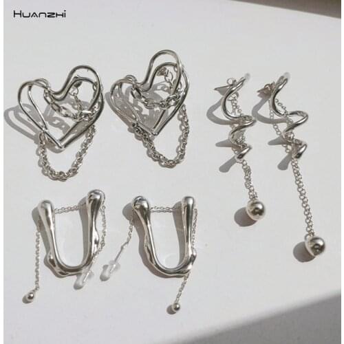 HUANZHI 2020 New Silver Color Metal Geometric Spiral Love Heart U shape Chain Tassel Dangle Stud Earrings For Women Girl Jewelry