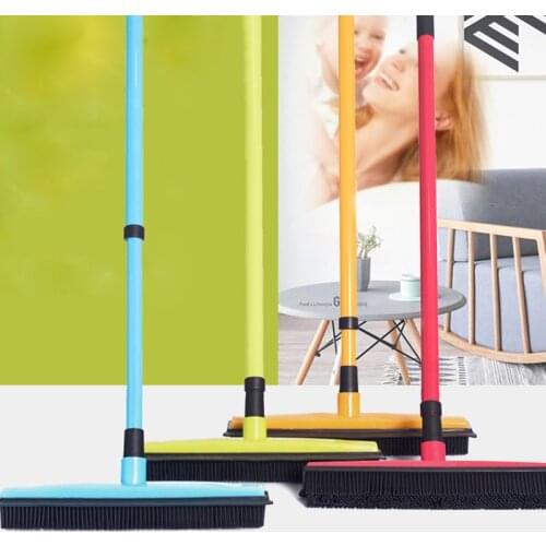 Long Push Rubber Broom Bristles Sweeper Squeegee Scratch Free Bristle Broom for Pet Cat Dog Hair Carpet Hardwood Windows Clean