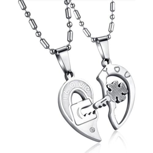 Love Heart CZ Puzzle Matching Chain Lovers Jewelry Valentine Gift Two Colors Stainless Steel Mens Womens Couple Necklace Pendant