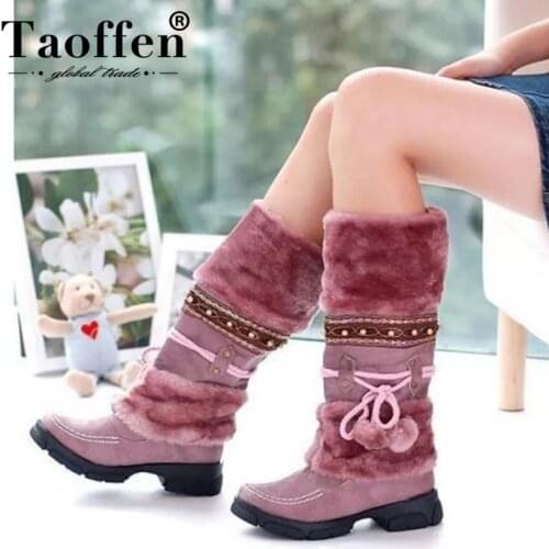 Taoffen NEW Winter Warm Knee Boots Thick Fur High Heel Boots Women Shoes Fashion Sexy Long Snow Boots Big Size 35-43