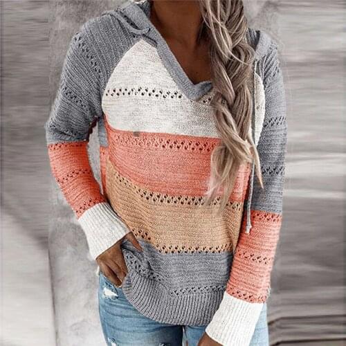 Woman Elegant Sweater Long Sleeve Hooded Knitted Sweater Autumn Striped Sweaters V-Neck Pullovers Tops Knitwear Vintage Sweaters