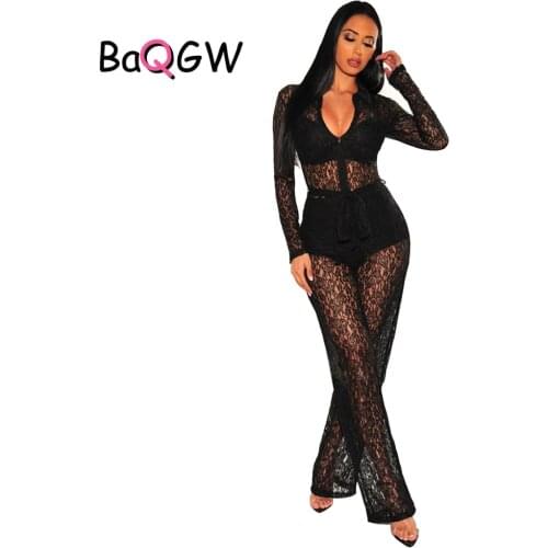 BaQGW Women Fashion Long Sleeve Lace Patchwork Rompers Female Nightclub Sexy Mesh See Through Zipper Wide Leg Jumpsuit with Belt