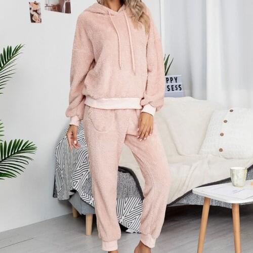 Women Autumn Hoodie Suit Long Sleeve Hooded Tops + Elastic Waist Pockets Trousers Trendy Solid Color Warm Fleeces Sweatshirt Set