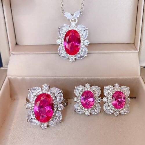 Luxury Ruby Diamond Jewelry set 100% Original 925 Sterling Silver Party Wedding Rings Earrings Necklace For Women Bridal Jewelry