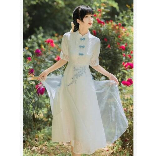 French Vintage Vestidos Women 2021 Summer Flare Sleeve Lace Gentle Romantic Ladies Fashion Chic Button Improved Fairy Dress