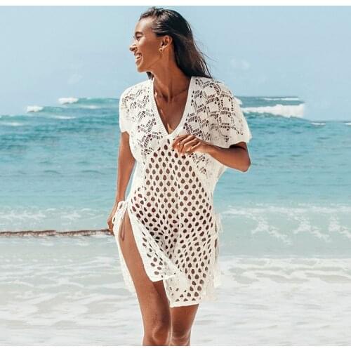 Women Summer Sun-Proof Dress Beach Cover Ups Solid Color Hollow V-Neck Short Sleeves Swimsuit Bathing Suit For Mujer