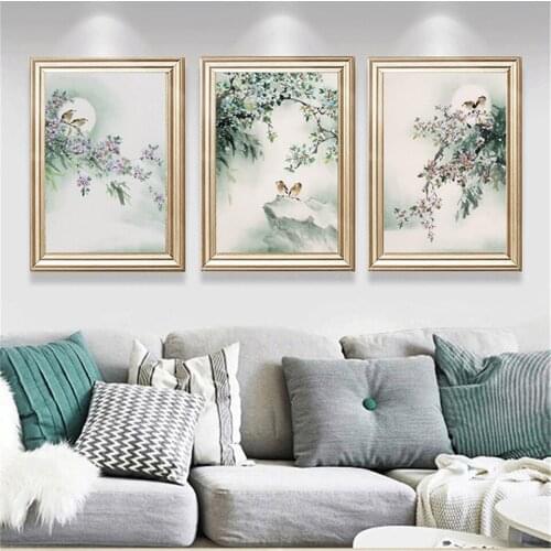 Chinese Style Ink Painting Home Decoration Birds and Flowers Tree Wall Poster Art Picture Leaf Canvas Painting Living Room Decor
