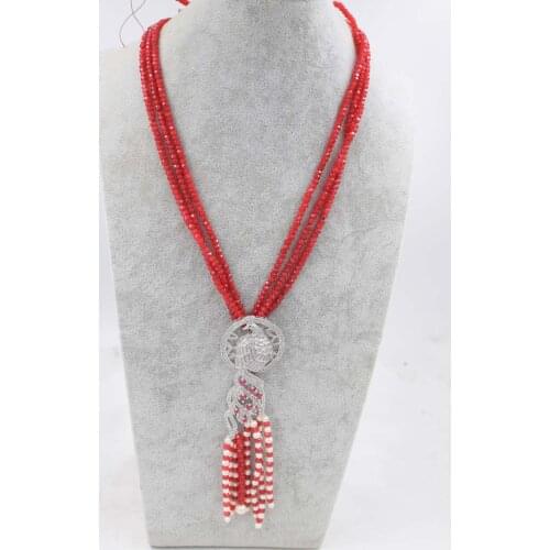 3rows red jade roundel faceted &freshwater pearl round 4*2mm necklace 22inch FPPJ wholesale beads nature