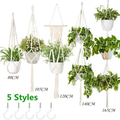 5-Piece Handmade Cotton Rope Tassel Hanging Flower Pot Holder Set With Hook Bohemian Home Decoration