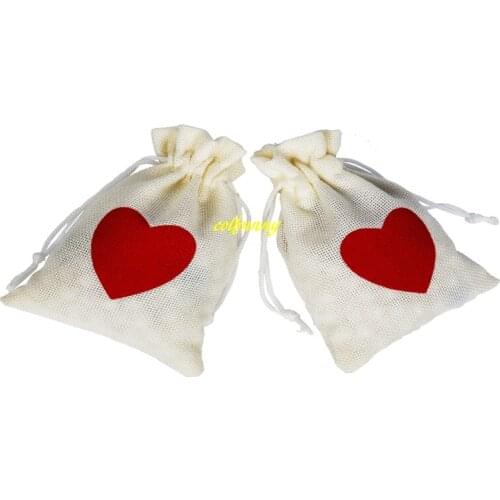 500pcs/lot 10X15cm Red Lover Heart Burlap Gift Bags Jewelry Pouch Linen Drawstring Favor Bag Wedding Party Gift Bag